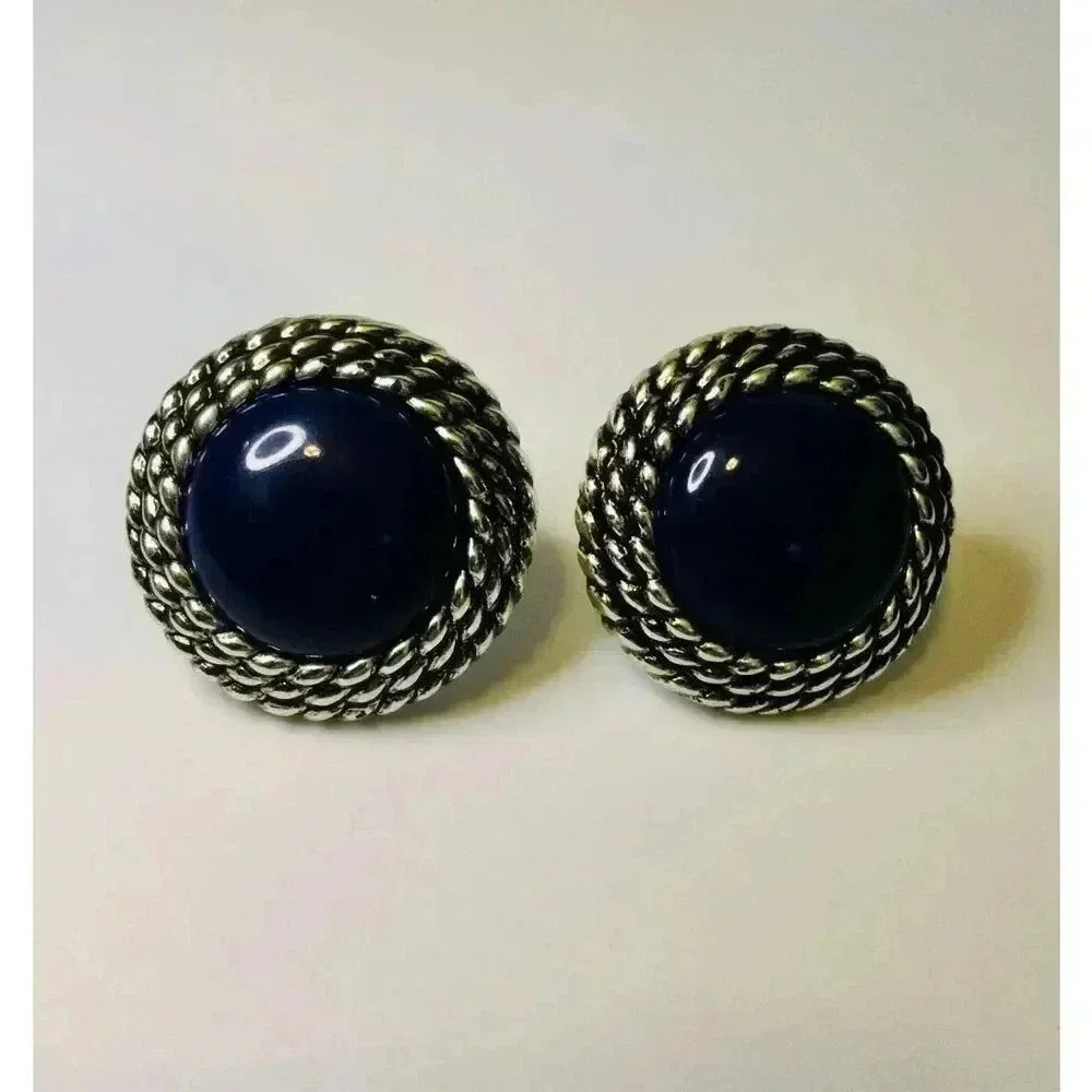 Vintage‎ Womens Black Onyx Silver Round Statement Clip Earrings Fashion Jewelry